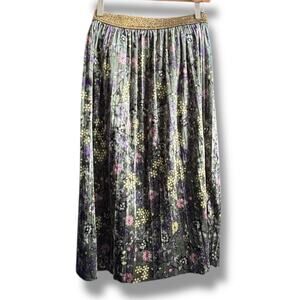 ModCloth Pleated Velvet Midi Skirt Small Floral Print Green Purple Yellow Pink